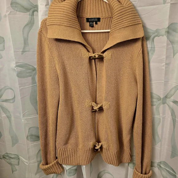 Gorgeous Ralph Lauren Camel Shawl-Collar Fisherman Toggle Cardigan Size Large - Picture 2 of 6
